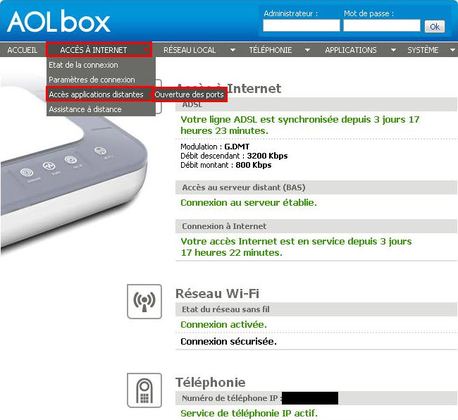 Interface web AOL BOX