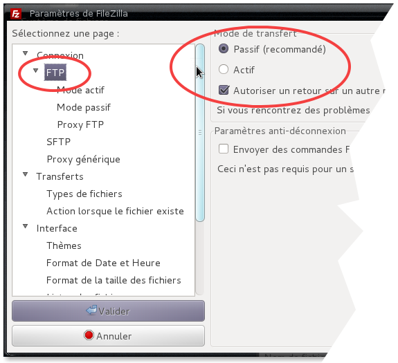 Filezilla : fenêtre de configuration par défaut